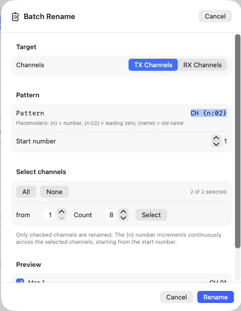 Batch Rename dialog with target, pattern, starting number, channel selection and preview