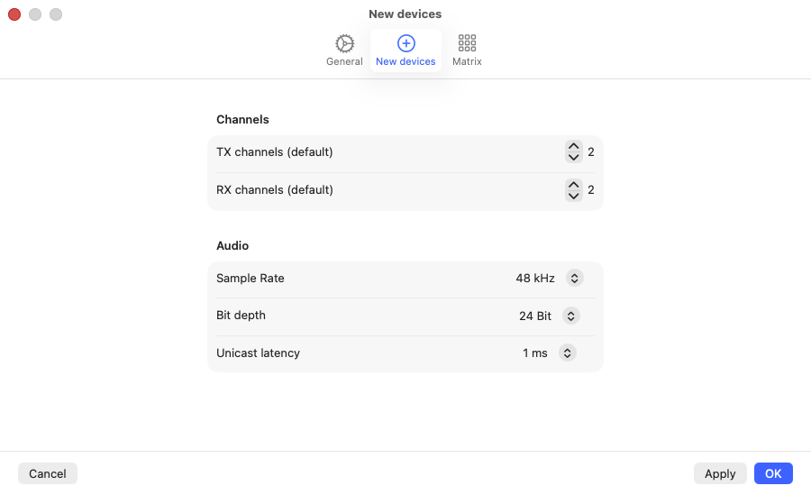 Settings, New Devices tab, with defaults for channel count, sample rate, bit depth and latency
