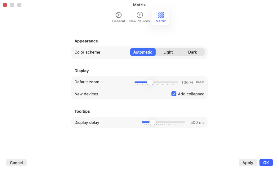 Settings, Matrix tab, with color scheme, default zoom and tooltip delay