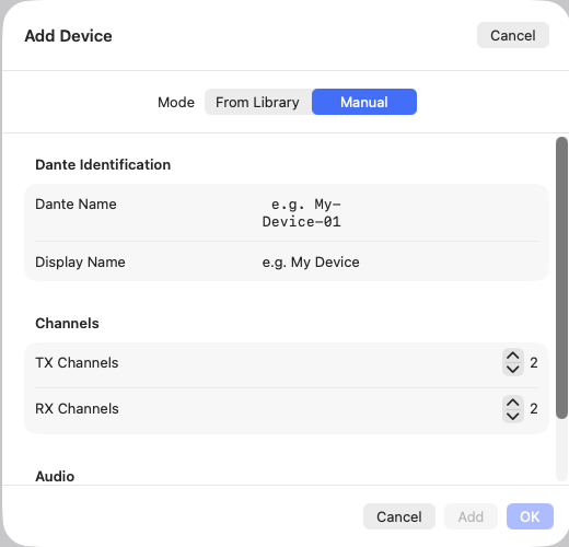 Add Device dialog in Manual mode with fields for Dante name, display name and channel count