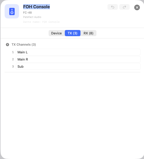 TX tab of the detail view with a numbered list of sender channels