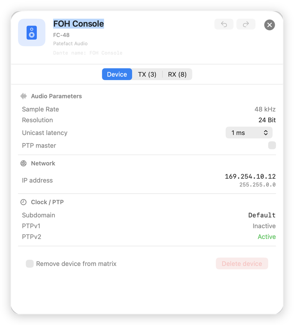 Device detail view in Patefact with audio parameters, network and clock settings