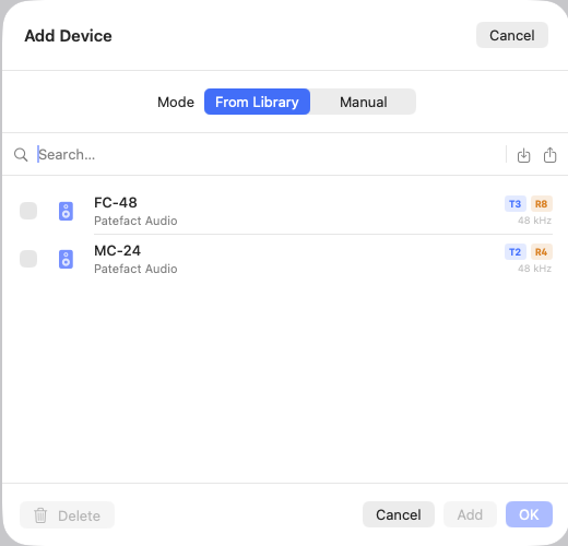 Device library with two saved devices, search field and import/export buttons