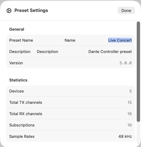 Preset settings with name, description, version and statistics