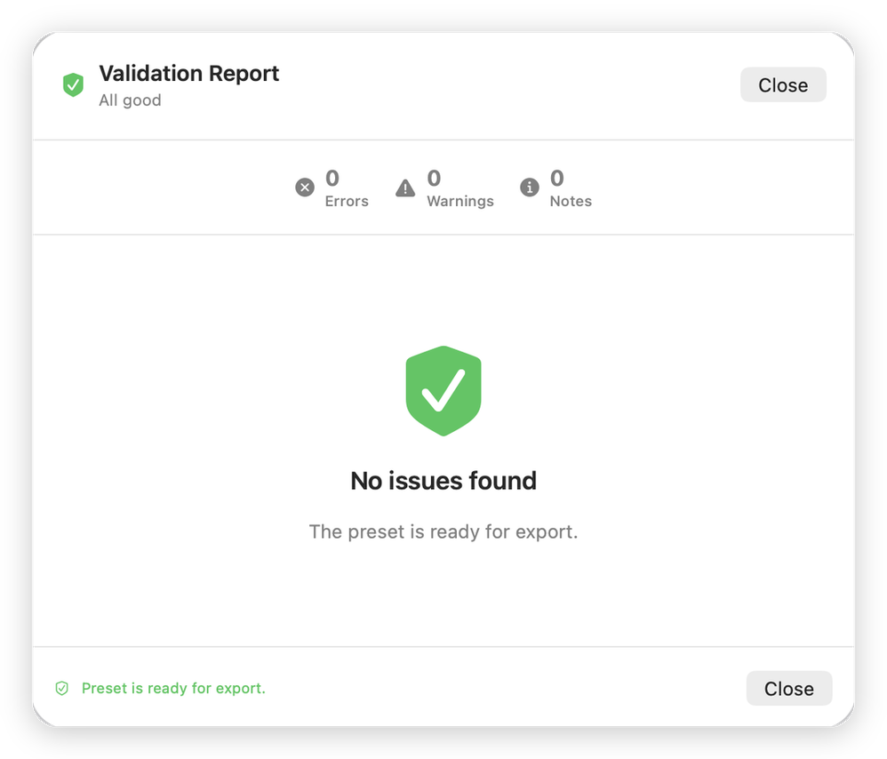 Validation report with findings separated by severity and an overall verdict