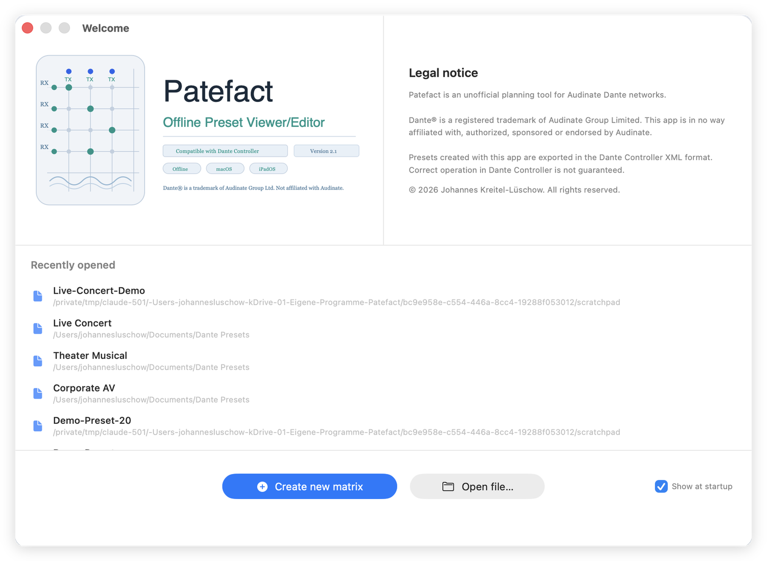 Patefact welcome window with the list of recently opened presets